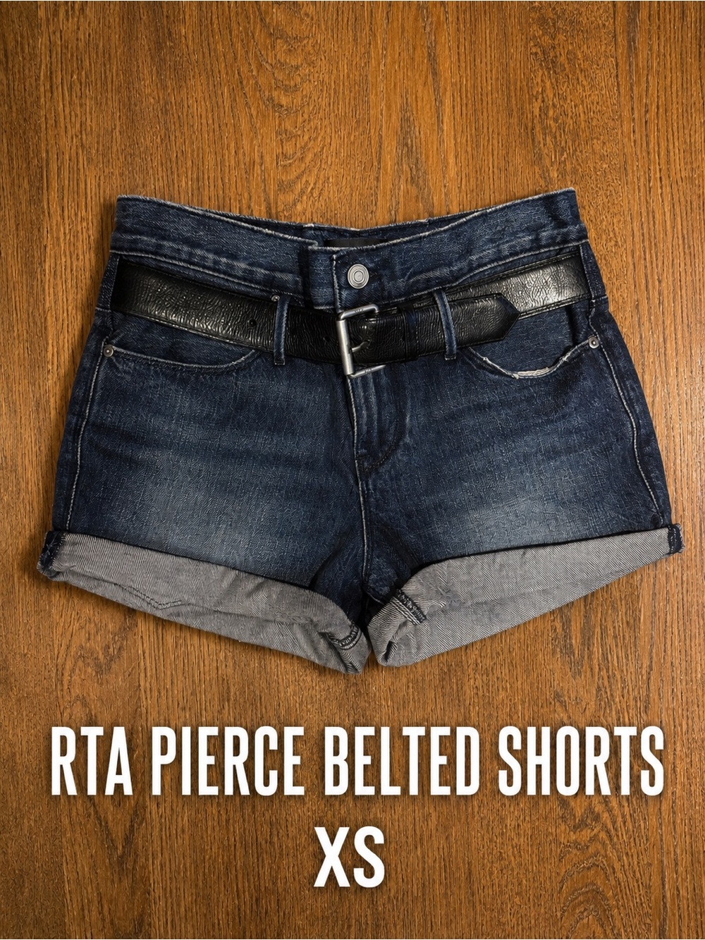 RtA Pierce Belted Denim Shorts XS Carpenter Blue Paper Bag Waist Leather Belt
